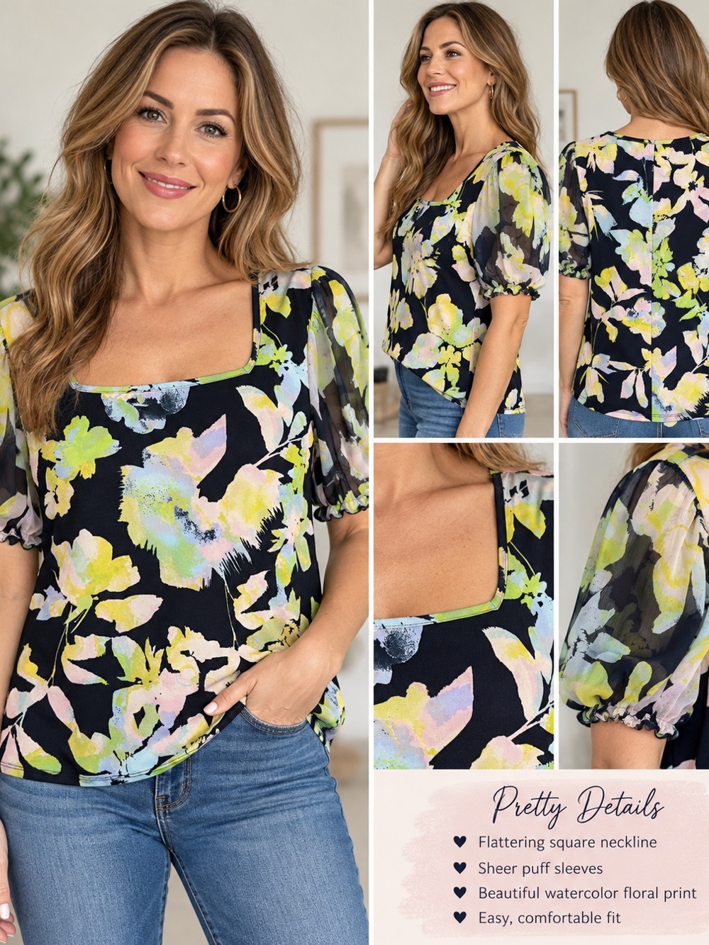 Square-Neck Puff Sleeve Floral Blouse - Black with Yellow & Pastel Accents, L